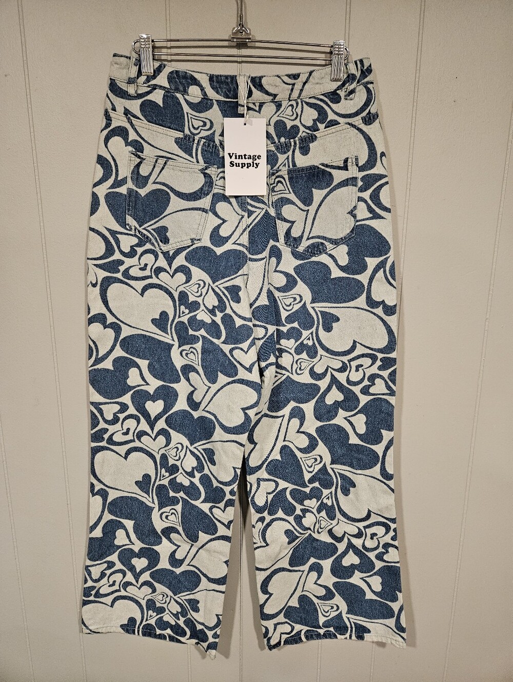 Vintage Supply Womens 28x28 Size 12 Heart Printed Wide Leg Denim Blue Jeans NWT